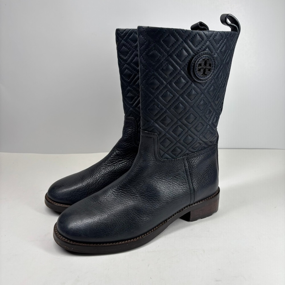 Tory Burch Marion Women's US 8M Quilted Black Leather Mid-Calf Boots Equestrian
